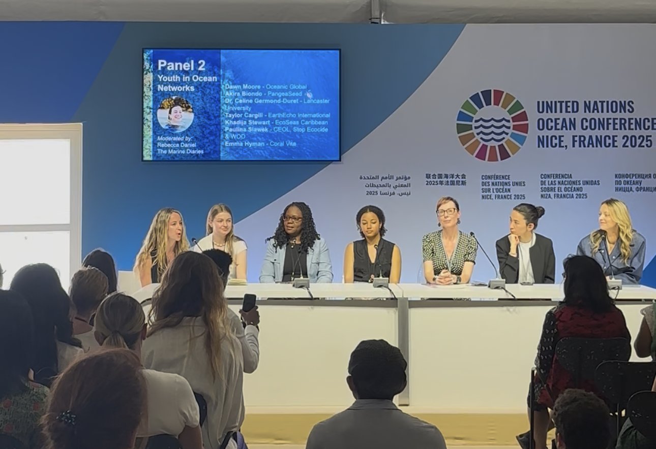 Youth in Ocean Networks panel at the UN Ocean Conference in Nice, with Emma Hyman representing Coral Vita